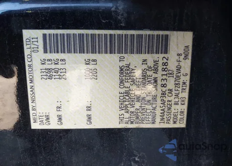 2011 Nissan Maxima 3.5 Sv from USA, damaged, VIN 1N4AA5AP3BC831882